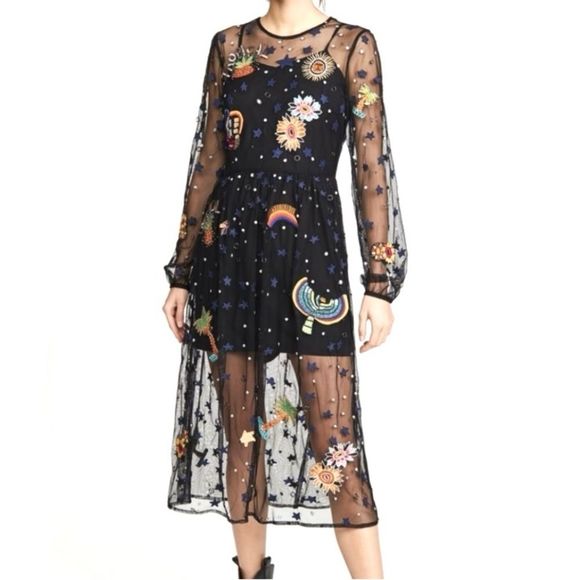 FARM Rio Dresses & Skirts - RARE FARM Rio Tropical Embroidered Beaded Sheer Midi Dress w/ Slip Black Size XL